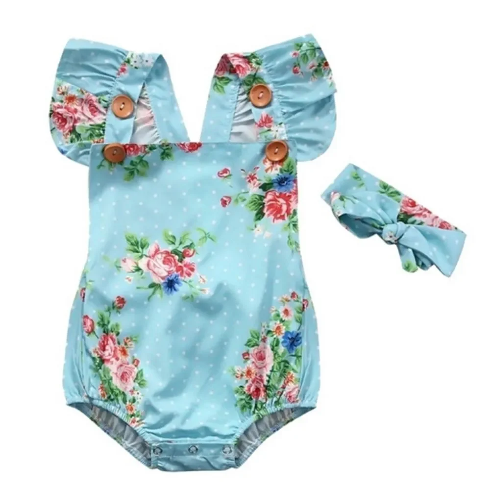 NEW SZ 0-3 month girls one piece floral baby romper w/ headband, strap w/ button